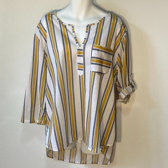 Eden & Olivia SZ 3X NWT Knit Pullover Yellow & Navy Stripe top roll tab sleeve - Picture 1 of 10